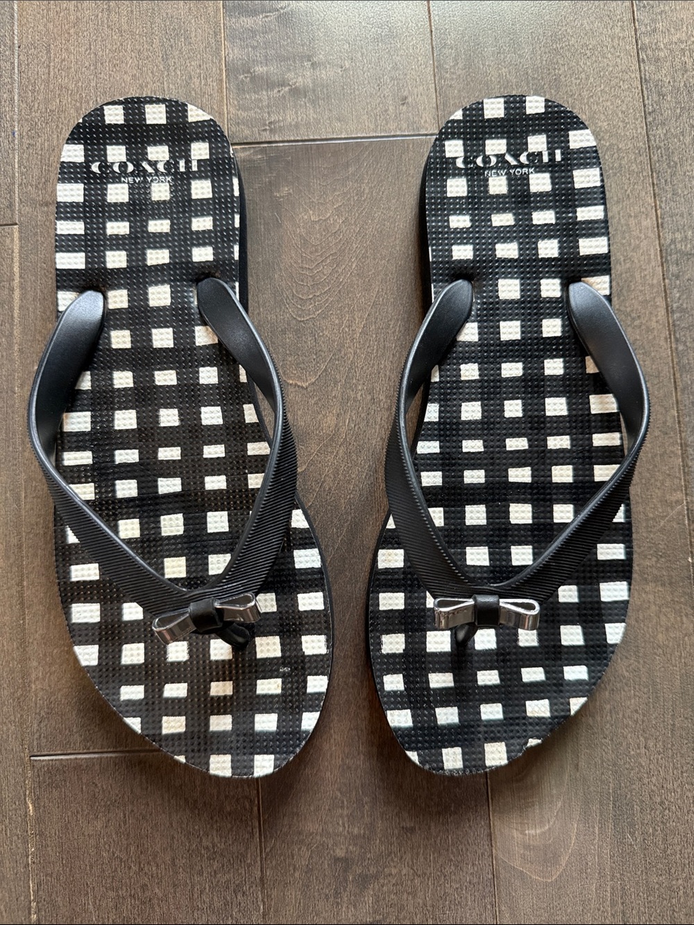 Coach Black and White Gingham Flip Flop Sandals with Bow Accent
